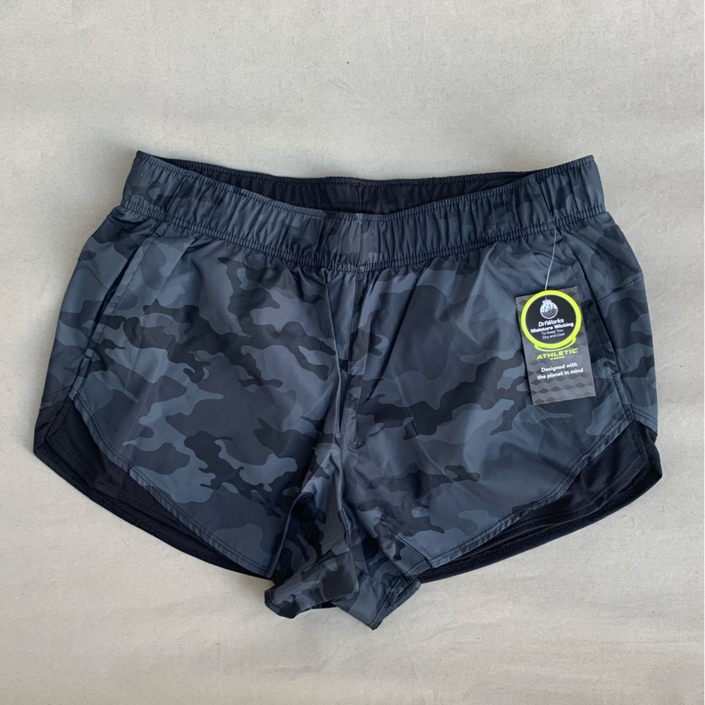 Black/grey camouflage women’s running shorts.  Multiple sizes. NWT. Pockets.